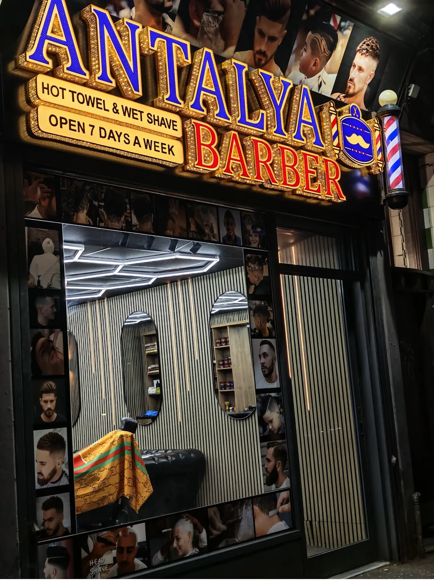 Antalya Barber shopfront at night on Cumbernauld Rd, Glasgow